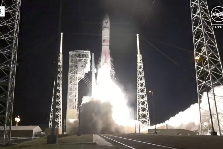 In this image made from NASA video, United Launch Alliance’s Vulcan rocket with Astrobotic Technology's lander onboard is launched from Cape Canaveral Space Force Station in Florida, Monday, Jan 8, 2024. The first U.S. lunar lander in more than 50 years rocketed toward the moon Monday, launching private companies on a space race to make deliveries for NASA and other customers.(NASA via AP)