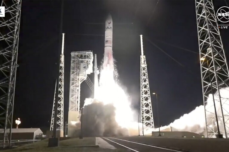 In this image taken from NASA video, United Launch Alliance's Vulcan rocket with the Astrobotic Technology lander on board is launched from the Cape Canaveral space station in Florida, Monday, January 8, 2024. The first American lunar lander for more than 50 years has been heading towards the Moon.  Monday launches private companies into a space race to make deliveries for NASA and other clients.  (NASA via AP)