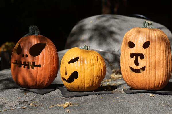 A display of pumpkins prepared for Halloween welcomes visitors at the Denver Zoo Tuesday, Oct. 18, 2022, in Denver. Forecasters predict that the warm weather will remain in place over the intermountain West through the week ahead. (AP Photo/David Zalubowski)