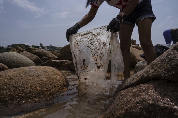 A volunteer picks up plastic waste from the sea at beach during a beach cleaning operation in Hong Kong, Sunday, April 14, 2024. Hong Kong has long been a major producer and consumer of great food, and a great amount of plastic and Styrofoam to go with it. That’s going to change as new legislation aiming to stop the sale and distribution of Styrofoam products and single-use plastic cutlery went into effect on Monday, April 22, 2024.(AP Photo/Louise Delmotte)