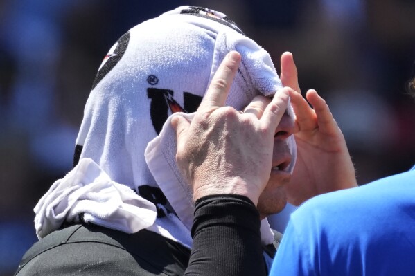 Home plate umpire Carlos Torres cools off during the ninth inning of a baseball game between the St. Louis Cardinals and the Chicago Cubs in Chicago, Sunday, June 16, 2024. (AP Photo/Nam Y. Huh)