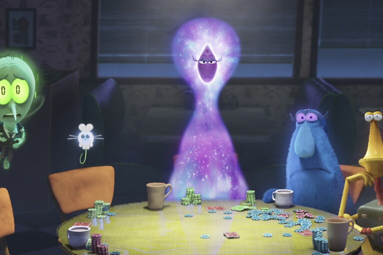 The Night Entities — Insomnia, Sleep, Quiet, Unexplained Noises and Sweet Dreams — in a scene from "Orion and the Dark." (DreamWorks Animation/Netflix via AP)
