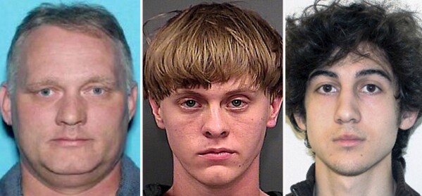This combination photo shows federal death row inmates Robert Bowers, from left, the gunman who massacred 11 worshippers at a Pittsburgh synagogue in 2018, Dylann Roof, who committed racist slayings of nine members of a Black South Carolina congregation, and Dzhokhar Tsarnaev, convicted for carrying out the April 15, 2013, Boston Marathon bombing attack. (Pennsylvania Department of Transportation, from left, Charleston County Sheriff's Office, FBI via AP, File)