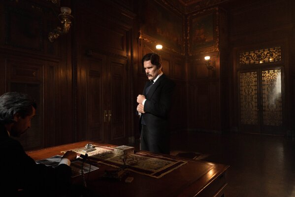 This image released by IFC Films shows Ethan Hawke in a scene from "Tesla." (IFC Films via AP)