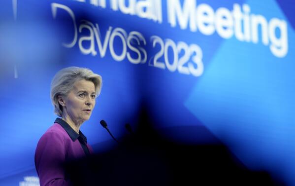 EU Commission President Ursula von der Leyen delivers a speech at the World Economic Forum in Davos, Switzerland Tuesday, Jan. 17, 2023. The annual meeting of the World Economic Forum is taking place in Davos from Jan. 16 until Jan. 20, 2023. (AP Photo/Markus Schreiber)