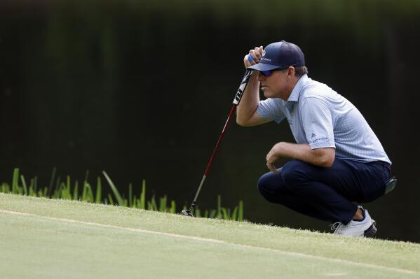 FILE - Justin Leonard lines up his putt on the second green during the first round of a Champions Tour golf tournament, Thursday, May 11, 2023, in Hoover, Ala. Leonard can't think of a better place than near his old Texas home for his first PGA Champions Tour victory. (AP Photo/Butch Dill, File)