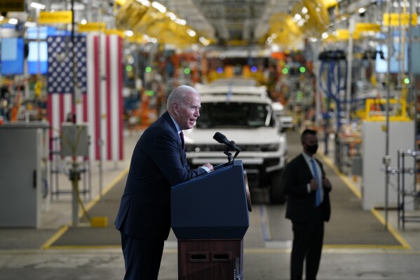 President Joe Biden speaks during a visit to the General Motors Factory ZERO electric vehicle assembly plant on Nov. 17, 2021, in Detroit. The Biden Administration targeted half of all new vehicle sales in the nation to be electric by 2030 in August 2021 as part of its efforts to slash greenhouse gas emissions. (AP Photo/Evan Vucci, File)