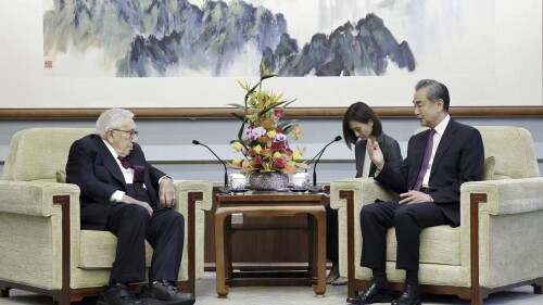 In this photo released by China's Ministry of Foreign Affairs, former Secretary of State Henry Kissinger, left, meets with Chinese State Councilor Wang Yi in Beijing, Wednesday, July 19, 2023. (Ministry of Foreign Affairs of the People's Republic of China via AP)