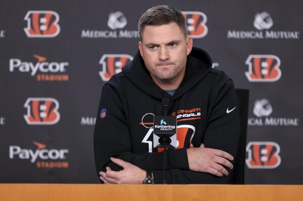 Cincinnati Bengals head coach Zac Taylor speaks with the media, Wednesday, Jan. 4, 2023, in Cincinnati. Damar Hamlin was taken to the hospital after collapsing on the field during the Bill's NFL football game against the Cincinnati Bengals on Monday night. (AP Photo/Aaron Doster)