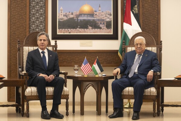 Palestinian President Mahmoud Abbas, right meets with U.S. Secretary of State Antony Blinken at his office in the West Bank city of Ramallah, Thursday, Nov. 30, 2023. (AP Photo/Nasser Nasser, Pool)