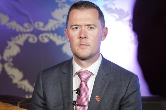 Southern California head coach Lincoln Riley speaks to the media during Pac-12 Conference men's NCAA college football media day Friday, July 29, 2022, in Los Angeles. (AP Photo/Damian Dovarganes)