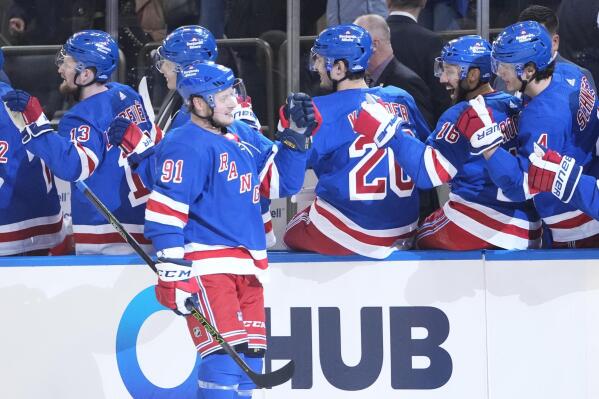 New York Rangers' Vladimir Tarasenko (91) celebrates with teammates after scoring during the first period of an NHL hockey game against the Seattle Kraken, Friday, Feb. 10, 2023, in New York. (AP Photo/Frank Franklin II)