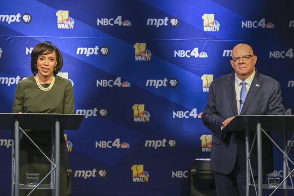 In this photo provided by Maryland Public Television, U.S. Senate in Maryland candidate, Democrat Angela Alsobrooks speaks during a debate against fellow-candidate, Republican Larry Hogan at Maryland Public Television in Owings Mills, Md., Thursday, Oct. 10, 2024. (Michael Ciesielski Photography/Maryland Public Television via AP)