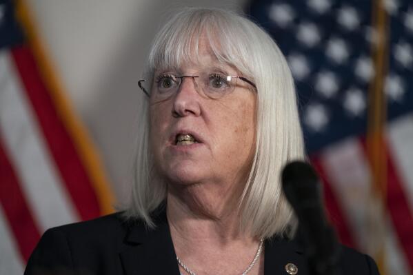 FILE - Sen. Patty Murray, D-Wash., speaks during a news conference on Capitol Hill, Feb. 1, 2022, in Washington. A Senate committee on Tuesday, March 15, approved a bipartisan blueprint to overhaul the nation’s public health system. Murray and Sen. Richard Burr, R-N.C., worked for over a year on the contours of the bill. (AP Photo/Evan Vucci, File)