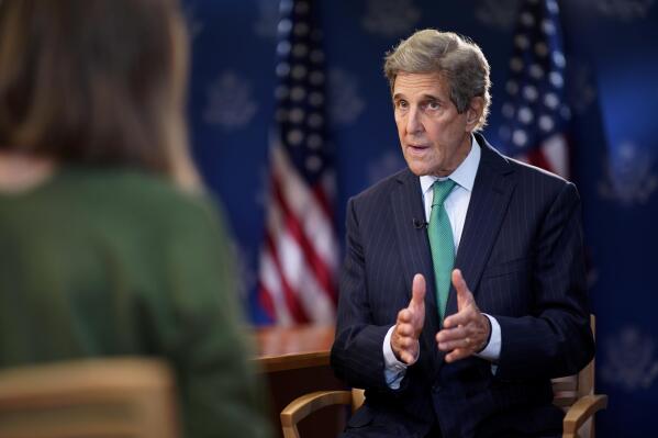 John Kerry, United States Special Presidential Envoy for Climate, speaks during an interview with The Associated Press, Wednesday, Oct. 13, 2021, at the U.S. State Department in Washington. (AP Photo/Patrick Semansky)