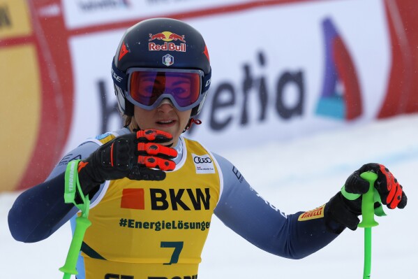 Italy's Sofia Goggia reacts after completing an alpine ski, women's World Cup super G race, in St. Moritz, Switzerland, Friday, Dec. 8, 2023. (AP Photo/Alessandro Trovati)