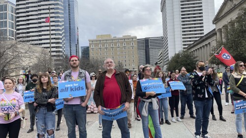 FILE - Advocates gather for a rally at the state Capitol complex in Nashville, Tenn., to oppose a series of bills that target the LGBTQ community, Tuesday, Feb. 14, 2023. A federal appeals court has temporarily reversed a lower court's ruling, Saturday, July 8, that had prohibited Tennessee from enacting a ban on gender-affirming care for transgender youth. T (AP Photo/Jonathan Mattise, File)