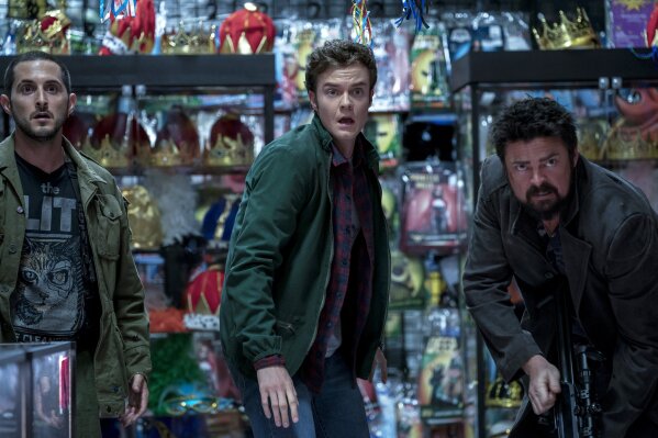 This image released by Amazon Studios shows, from left, Tomer Capon, Jack Quaid and Karl Urban from the series "The Boys," returning for a second season, Friday, Sept. 4 on Amazon Prime. (Panagiotis Pantazidis/Amazon Studios via AP)