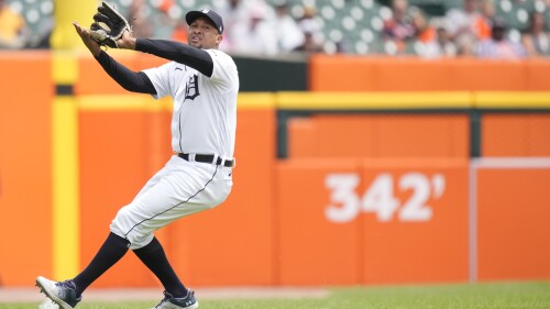 Detroit Tigers third baseman Jonathan Schoop controls the single hit by Oakland Athletics' Jordan Diaz during the fifth inning of a baseball game, Thursday, July 6, 2023, in Detroit. (AP Photo/Carlos Osorio)