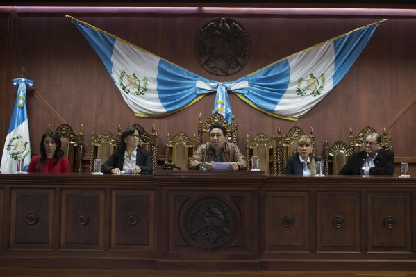 FILE - In this Aug. 27, 2017 file photo, Constitutional Court President Jose Francisco de Mata Vela leads a press conference in Guatemala City. Guatemala's Congress began reshaping the country's highest court Tuesday, March 2, 2021, selecting a new magistrate and an alternate in decisions that could have grave consequences for the battle against corruption and impunity. (AP Photo/Luis Soto, File)