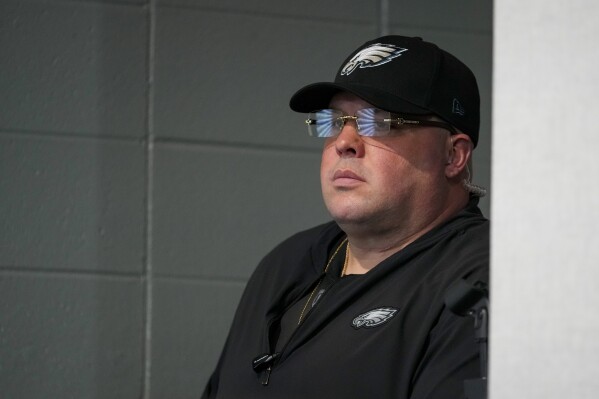 Philadelphia Eagles chief security officer Dom DiSandro looks on during a press conference following an NFL football game between the Eagles and the San Francisco 49ers, Sunday, Dec. 3, 2023, in Philadelphia. The 49ers won 42-19. DiSandro was ejected from the game after an on-field argument between both teams. (AP Photo/Matt Slocum)