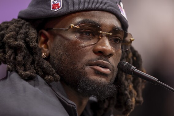 FILE - San Francisco 49ers wide receiver Brandon Aiyuk speaks to reporters during opening night festivities for the NFL football Super Bowl 58, in Las Vegas, Monday, Feb. 5, 2024. (Carlos Avila Gonzalez/San Francisco Chronicle via AP)/San Francisco Chronicle via AP, File)