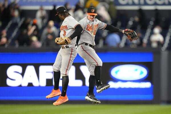 Baltimore Orioles' Austin Hays, right, celebrates with Jorge Mateo after the team's 9-6 win in a baseball game against the New York Yankees on Wednesday, May 24, 2023, in New York. (AP Photo/Frank Franklin II)