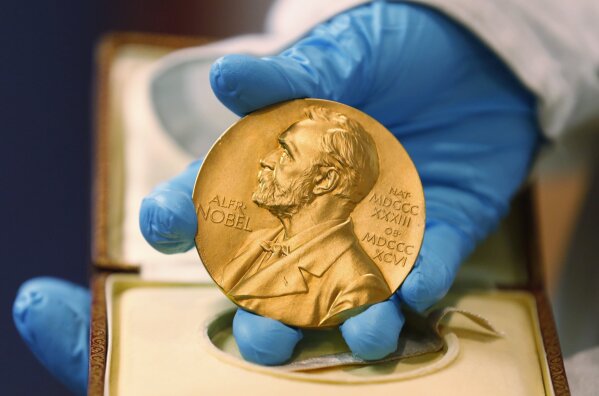 
              FILE- In this file photo dated Friday, April 17, 2015, a national library employee shows the gold Nobel Prize medal awarded to the late novelist Gabriel Garcia Marquez, in Bogota, Colombia. Nobel Prizes are the most prestigious awards on the planet but the aura of this year's announcements has been dulled by questions over why so few women have entered the pantheon, particularly in the sciences. The march of Nobel announcements begins Monday, Oct. 1, 2018, with the physiology/medicine prize. (AP Photo/Fernando Vergara, File)
            