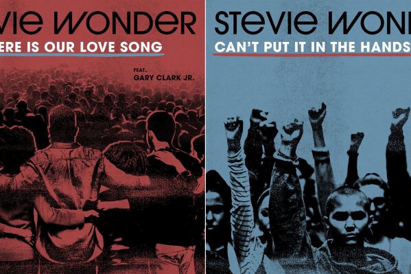 This combination of images released by So What The Fuss Music shows cover art for two new songs by Stevie Wonder, “Where Is Our Love Song,” left, and “Can’t Put It In the Hands of Fate.” released through his new label, So What the Fuss Music, distributed through Universal Music Group’s Republic Records. (AP Photo)