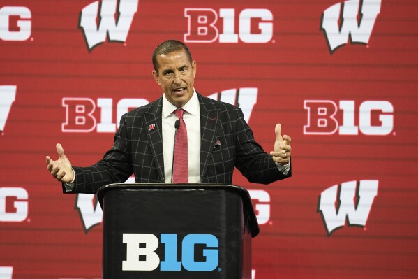 FILE - Wisconsin head coach Luke Fickell speaks during an NCAA college football news conference at the Big Ten Conference media days at Lucas Oil Stadium, Thursday, July 27, 2023, in Indianapolis. Wisconsin opens their season at home against Buffalo on Sept. 2. (AP Photo/Darron Cummings, File)