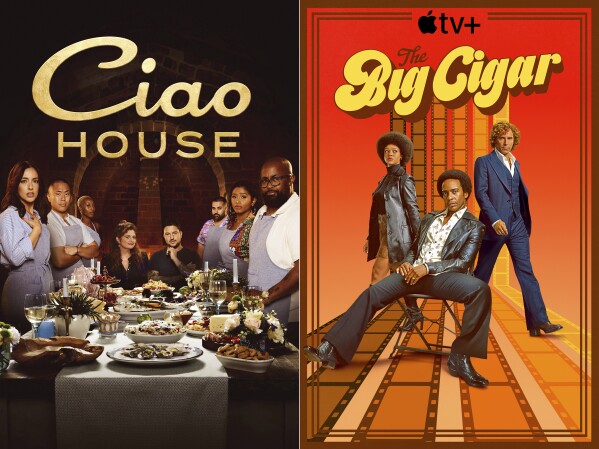 This combination of images shows promotional art for the cooking series "Ciao House," left, and the series "The Big Cigar." (Food Network/Apple TV+ via AP)