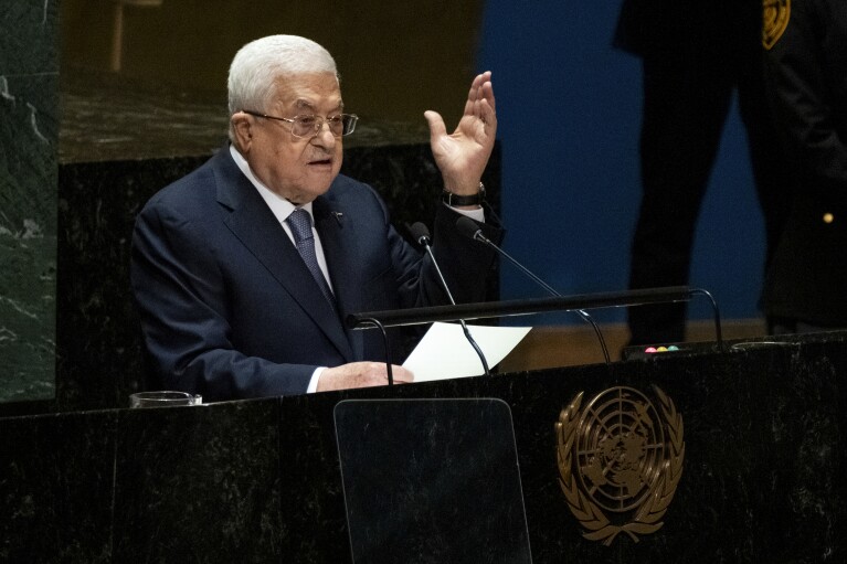 Palestinian President Mahmoud Abbas addresses the 78th session of the United Nations General Assembly, Thursday, Sept. 21, 2023. (AP Photo/Craig Ruttle)