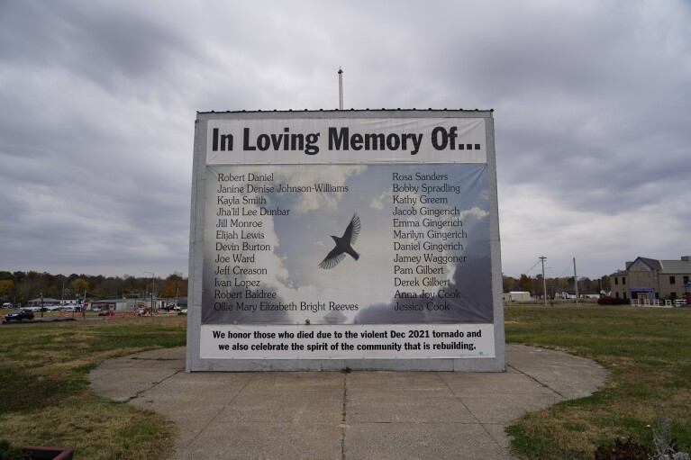 A memorial to victims of the December 2021 tornado is displayed on Thursday, November 9, 2023 in Mayfield, Kentucky. (AP Photo/Joshua A. Bickle)
