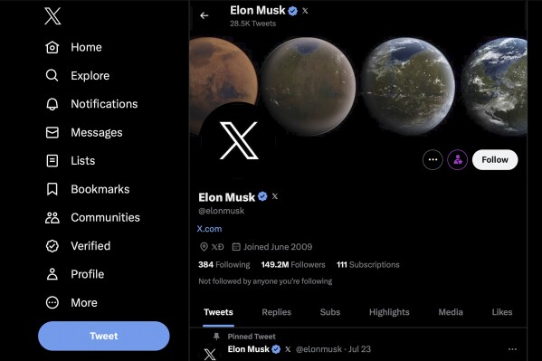 This screen shot taken Monday, July 24, 2023, in New York, shows Elon Musk's Twitter page with the new X logo that he introduced a day before. Musk has unveiled a new "X" logo to replace Twitter's famous blue bird as he follows through with a major rebranding of the social media platform he bought for $44 billion last year. The X started appearing at the top of the desktop version of Twitter on Monday, but the bird was still dominant across the smartphone app. (Twitter via AP)