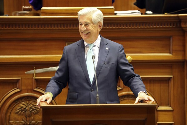  South Carolina state Sen. Nikki Setzler, D-West Columbia, gives his going away speech after 48 years in the Senate, Wednesday, June 26, 2024, in Columbia, S.C. (AP Photo/Jeffrey Collins)