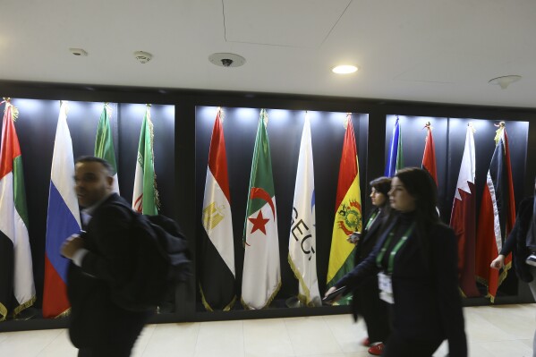 Officials and delegates walk past flags as they attend the seventh Gas Exporting Countries Forum hosted in Algeria, Thursday, Feb. 29, 2024. The summit will be held on March 2 at the Abdellatif Rahal International Conference Center, which is located on the western coastal front of the city of Algiers. (AP Photo/Anis Belghoul)