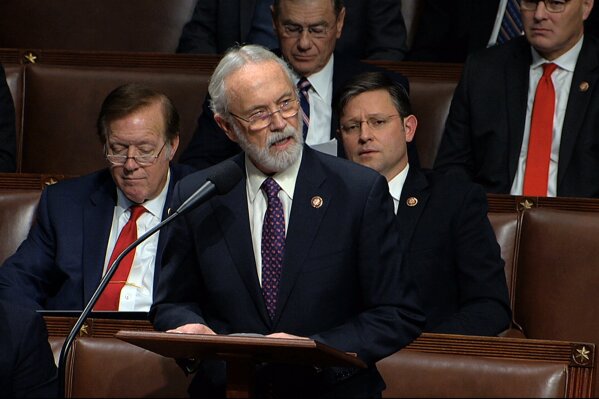 FILE - In this Dec. 18, 2019 file photo Rep. Dan Newhouse, R-Wash., speaks as the House of Representatives debates the articles of impeachment against President Donald Trump at the Capitol in Washington. Earlier this month Newhouse came out in favor of impeaching Trump over the riot at the Capitol. On Monday, Jan. 25, 2021, most of the Republican county leaders in Newhouse's congressional district called for the lawmaker to resign because of his support for impeachment. (House Television via AP, File)