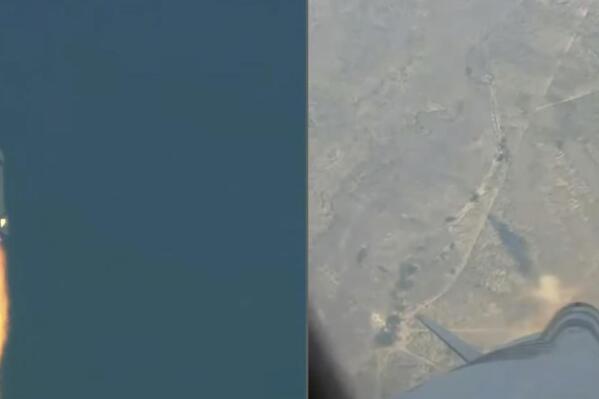 This image provided by Blue Origin shows a split screen of the New Shepard rocket before a launch failure on Monday, Sept. 12, 2022. Jeff Bezos' rocket company has suffered its first launch failure. No one was aboard, only science experiments. The Blue Origin rocket veered off course over West Texas about 1 1/2 minutes after liftoff Monday. (Blue Origin via AP)