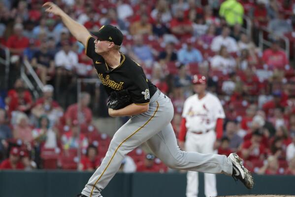 Pittsburgh Pirates starting pitcher Mitch Keller (23) throws during the first inning of the team's baseball game against the St. Louis Cardinals, Friday, Aug. 20, 2021, in St. Louis. (AP Photo/Tom Gannam)