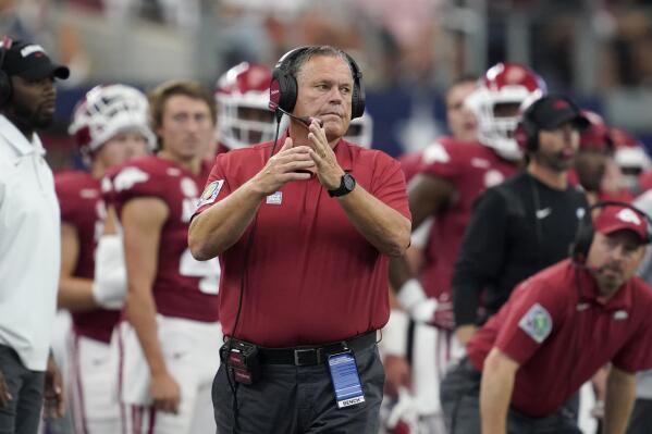 Arkansas head coach Sam Pittman calls for a time out in the first half of an NCAA college football game against Texas A&M in Arlington, Texas, Saturday, Sept. 25, 2021. (AP Photo/Tony Gutierrez)