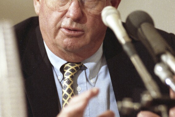 FILE - Connecticut Gov. Lowell Weicker testifies on Capitol Hill before the House Budget Committee on May 13, 1992, in Washington, DC. Weicker, a Republican U.S. senator who tussled with his own party during the Watergate hearings, championed legislation to protect people with disabilities and later was elected Connecticut governor as an independent, died Wednesday, June 28, 2023, at a hospital in Middletown, Conn., after a short illness. He was 92. (AP Photo/John Duricka, File)