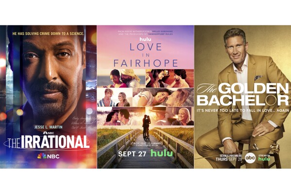 This combination of photos shows promotional art for "The Irrational," premiering Monday, Sept. 25 on NBC, left, "Love in Fairhope," a series premiering Wednesday, Sept. 27 on Hulu, center, and "The Golden Bachelor," premiering Thursday on ABC. (NBC/Hulu/ABC via AP)