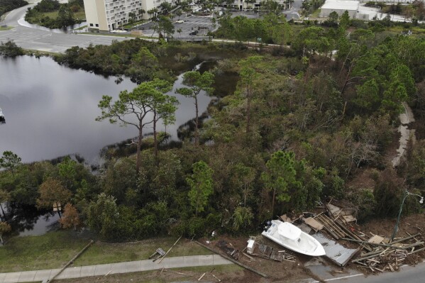 Storm aftermath is seen, Thursday, Sept. 17, 2020, in Orange Beach, Ala. (AP Photo/Angie Wang, file)