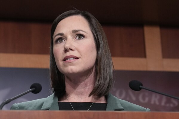 FILE - Sen. Katie Britt, R-Ala.,, speaks during a news conference on the border, Feb. 15, 2023, on Capitol Hill in Washington. Britt will deliver the Republican response to President Joe Biden's State of the Union speech on Thursday, March 7, 2024. She is the youngest female senator and the first woman elected to the Senate from Alabama. (AP Photo/Mariam Zuhaib, File)