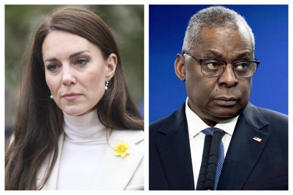 This combination of 2023 photos shows Kate, Princess of Wales, left, and U.S. Secretary of Defense Lloyd Austin. For some cancer patients, sharing the news can be a difficult decision. Austin initially kept his prostate cancer quiet. Kate also waited to publicly disclose her cancer. (Ian Vogler/Pool via AP, AP Photo/Maya Alleruzzo)