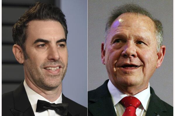 FILE - This combination of file photos shows actor-comedian Sacha Baron Cohen at the Vanity Fair Oscar Party in Beverly Hills, Calif. on March 4, 2018, left, and former Alabama Chief Justice and then U.S. Senate candidate Roy Moore at a news conference in Birmingham, Ala., on Nov. 16, 2017. A federal judge on Tuesday, July 3, 2021, dismissed failed U.S. Senate candidate Roy Moore’s $95 million lawsuit targeting comedian Sacha Baron Cohen filed after Moore complained he was tricked into an interview that lampooned sexual misconduct accusations against him.  (AP Photo/File)