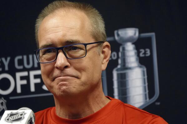 Florida Panthers Head Coach Paul Maurice talks after hockey practice Monday, May 15, 2023 at FLA Live Arena in Sunrise, Fla. The team travels to take on the Carolina Hurricane in a Stanley Cup semi-final series. (Joe Cavaretta/South Florida Sun-Sentinel via AP)