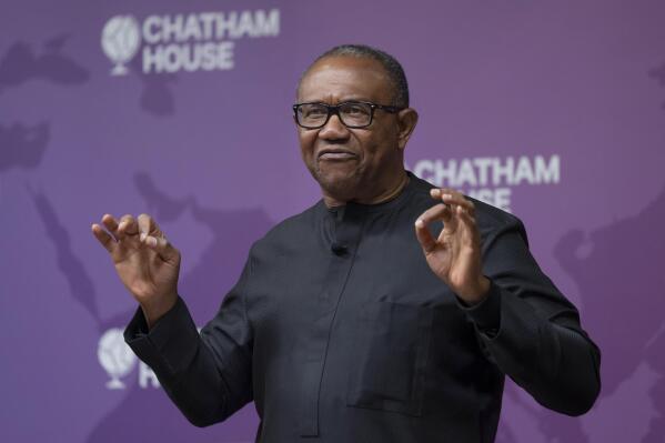 Nigeria's Labour Party's Presidential Candidate Peter Obi speaks during a forum "Nigeria's 2023 election: A vision for policy change and institutional reforms" at Chatham House in London, Monday, Jan. 16 , 2023. (AP Photo/Kin Cheung)