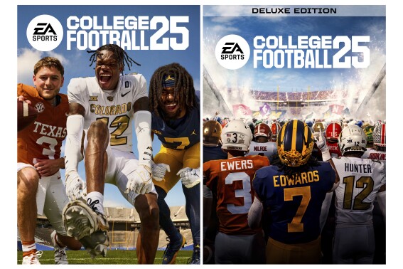 This combo of images provided by EA Sports, shows the video game covers for the new standard edition College Football 25, left, and Deluxe Edition College Football 25, featuring Texas' Quinn Ewers, Colorado's Travis Hunter, and Michigan's Donovan Edwards. (EA Sports via AP)
