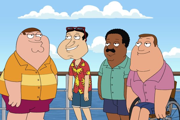 In this image released by Fox, animated characters, from left, Peter Griffin, Glenn Quagmire, both voiced by Seth MacFarlane, Cleveland Brown, voiced by Mike Henry and Joe Swanson, voiced by Patrick Warburton from the series "Family Guy." Henry, announced Friday, June 26, that he will no longer voice the black character Cleveland Brown. (Fox via AP)
